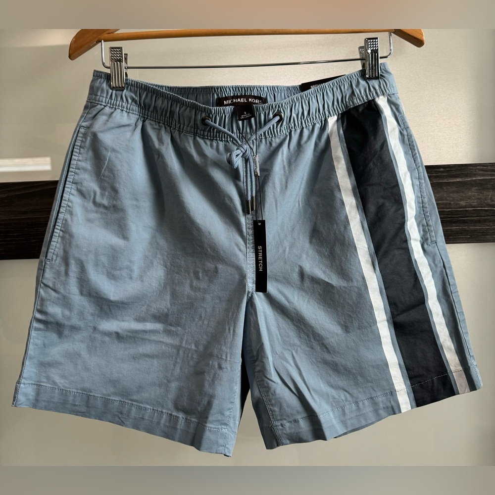 Micheal Kors Stretch Hybrid Chino Shorts - Light Blue, White Navy Stripe - Small